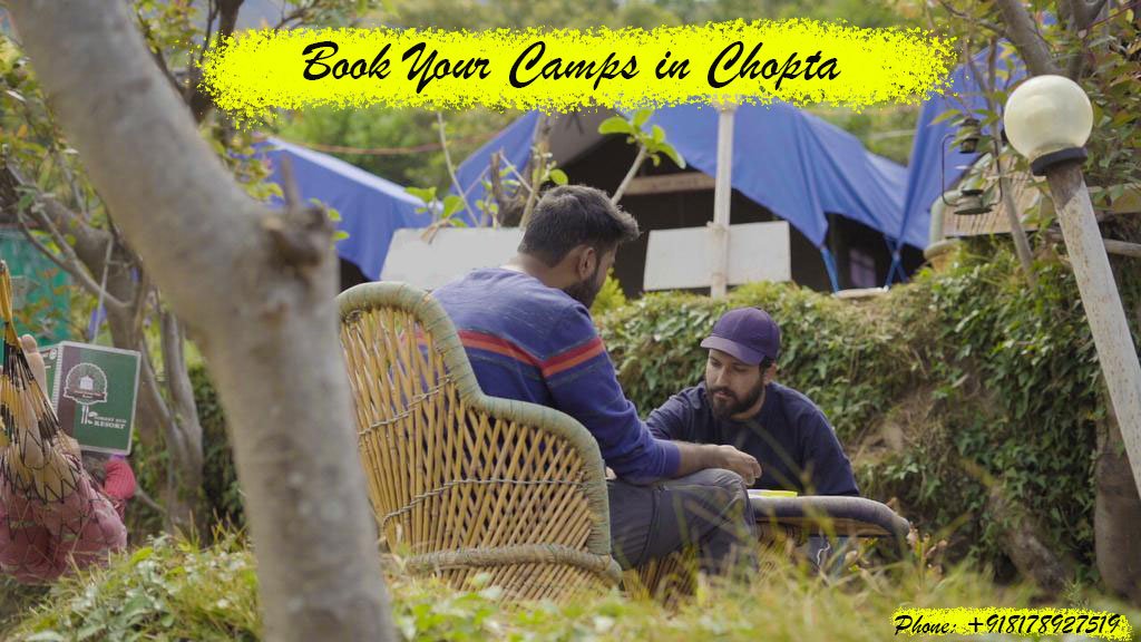 The image is about booking camping in Chopta Valley. 